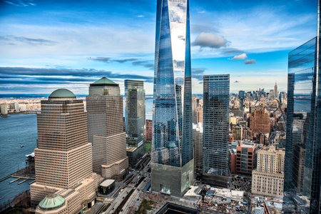 New York City skyscrapers panorama in Downtown financial district