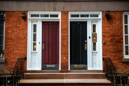 View of Front Doors of Two Neighbouring Red Brick English Town Houses on a Residential Estate. New York City Manhattan buildings.の写真素材