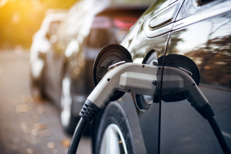 Electric car charging on parking lot with electric car charging station on city street. Electric...