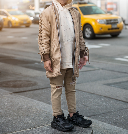 Fashionable outfits for kid boy with stylish jacket, hoodie and jeans. Children fashion style.の写真素材