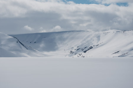 Snowy mountain landscape in the arctic Svalbardの写真素材