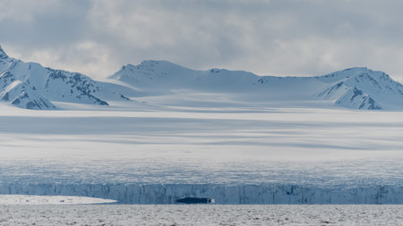 Snow covered mountains and a glacier by an arctic fjord in Svalbard