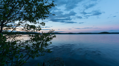 Evening lake scenery in summer in Finlandの写真素材