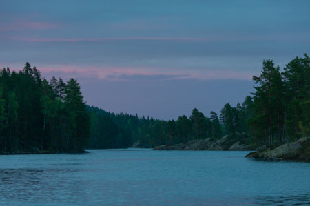 Early summer night by a lake in the forests of Finlandの写真素材