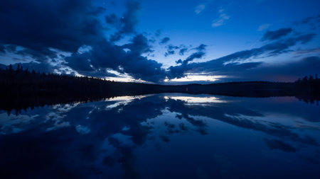 Blue light evening scenery by a calm lake with forests reflected on the surface in Finlandの写真素材