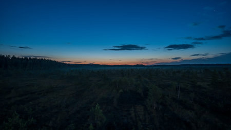 Misty bogs at night in the forests of Finland