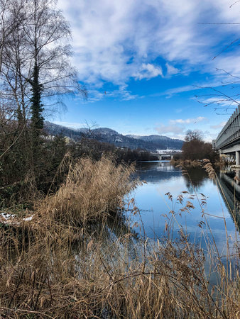 River Limmat on a cold winter day in Killwangen, Switzerland