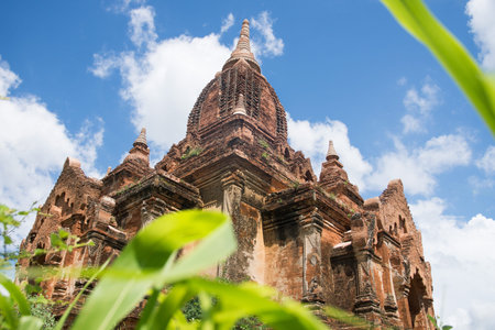 closeup with different view of pagoda at bagan field in myanmar