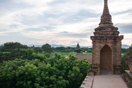 view from pagoda at bagan field in myanmar by sunsetの写真素材