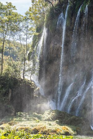 waterfall from rock at plitvice lakes national park in Croatiaの写真素材