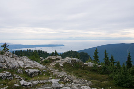 view from the peak over the bay and mountains of Vancouver, Canada