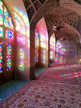 Colorful glass windows in Mosque in Iranの写真素材