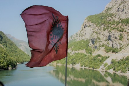 Albanian flag on lakeの写真素材