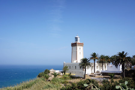 Lighthouse in Morocco with palm treesの写真素材