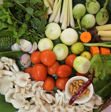 Basket of Thai foods for cooking, basil, garlic,cumin,lemon grassの写真素材