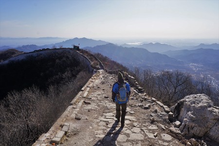 Great wall of China and mountains at Jiankou with hiking manの写真素材
