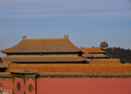 Skyline of yellow roofs in forbidden city in Beijing Chinaのeditorial素材