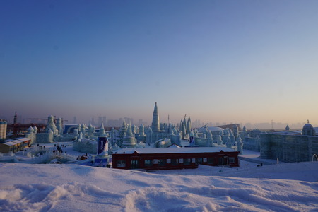 City built of Ice buildings at the ice and snow festival in Harbin Chinaのeditorial素材