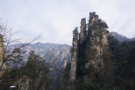 Mountains in China with trees and dust in sunshineの写真素材
