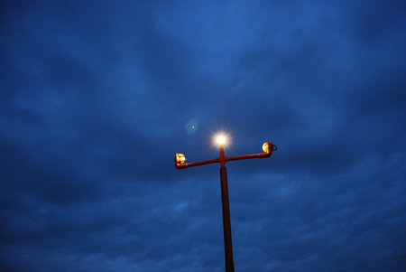 Irport landing light in the night. Bright light.