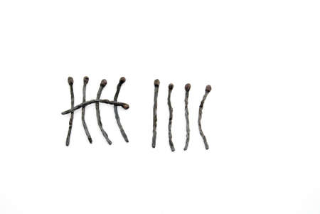 Series of countdown from 10 to 1 illustrated by burned down matches against a background of whiteの写真素材