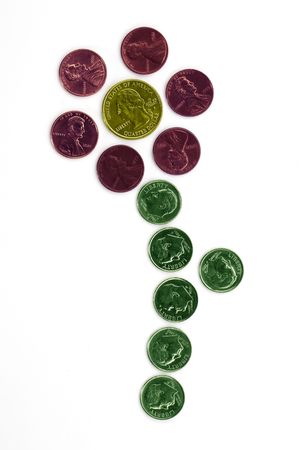 Above view of US coins arranged in a flower form, color versionの写真素材