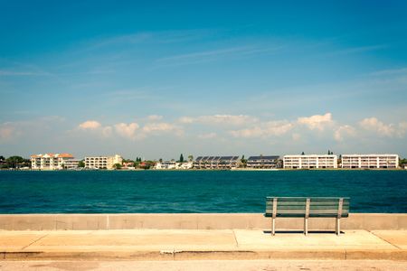 Beautiful sunny day with blue sky near waterの写真素材