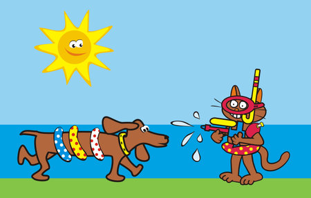 Dog and cat playing on the beachのイラスト素材