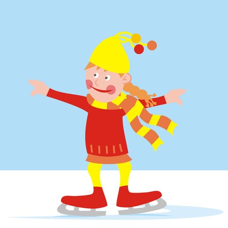 Girl with skates at the rink. Colored vector illustration.のイラスト素材