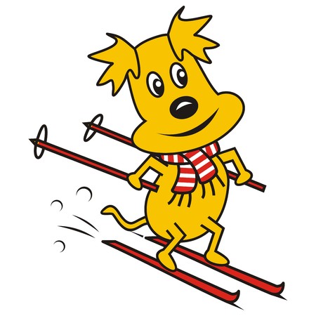 Dog with a scarf goes on skis. Amusing illustration.のイラスト素材