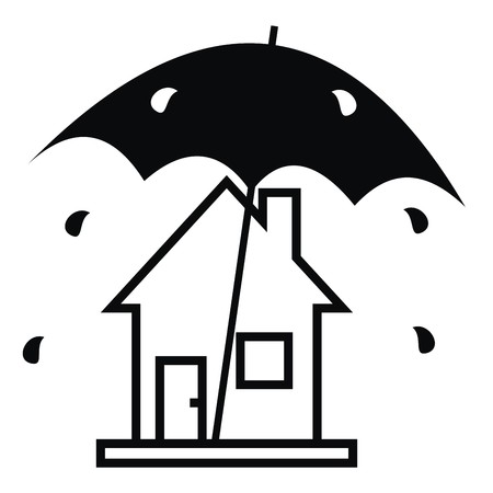 House and rain, black and white silhouette. Amusing illustration with umbrella. Vector icon.のイラスト素材