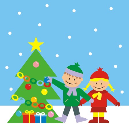 children and christmas treeのイラスト素材