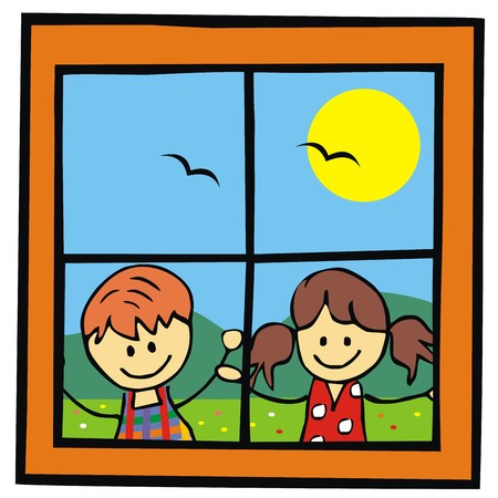 Children and window, landscape, vector illustationのイラスト素材