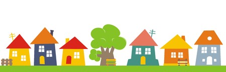 Town, group of houses. Vector icon. Colored silhouette of houses with banch and tree.のイラスト素材