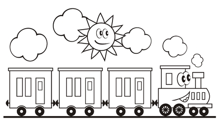 Train set, three wagons locomotive. Funny vector illustration. Train and sun. Locomotive with eyes and mouth. Coloring page for children.のイラスト素材