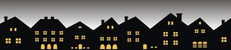 Night city, group of houses, front view. Black silhouette with the lights on the windows. Backlit background.のイラスト素材
