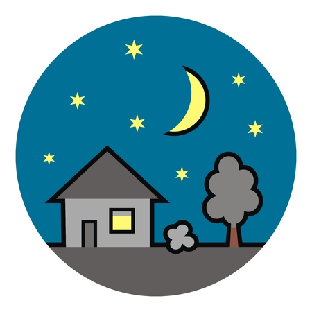 House at circle frame, nighttime, vector illustration.のイラスト素材