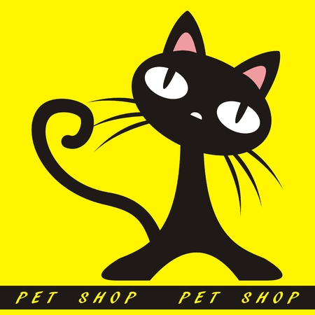 Black cat on yellow background. Funny vector illustration. Decoration wallpaper with text pet shop.のイラスト素材