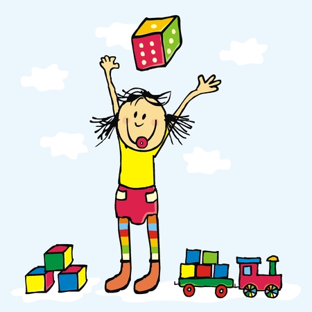 Little girl playing with blocks or cubes, dice and train. Vector illustration.のイラスト素材