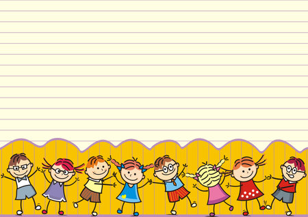 Dancing happy kids, postcard, vector funny illustrationのイラスト素材