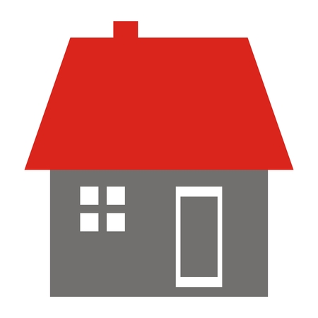 House with window, door, roof and smokestack, vector icon. Isolated object. Red roof and gray facade with white window and door.のイラスト素材