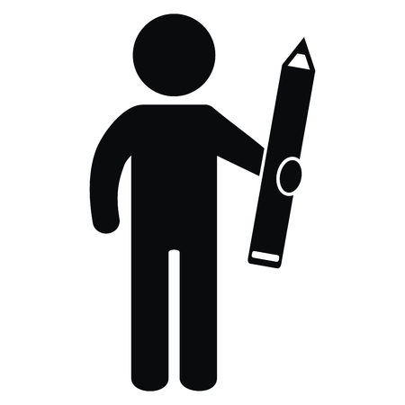 Black silhouette of man with pen, vector web icon, silhouette of man with crayonのイラスト素材