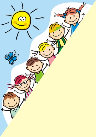 Happy kids and sun and butterfly, funny vector illustrationのイラスト素材