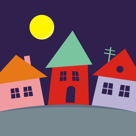 Village, colored silhouette of three houses, vector creative illustrationのイラスト素材