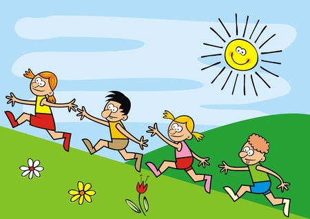 Running kids, races in the field, funny postcard. Vector icon. Group of girls and boys. Humorous illustration for children.のイラスト素材