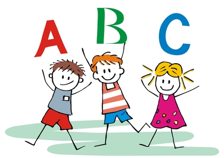 Three happy children and ABC letters, vector iconのイラスト素材