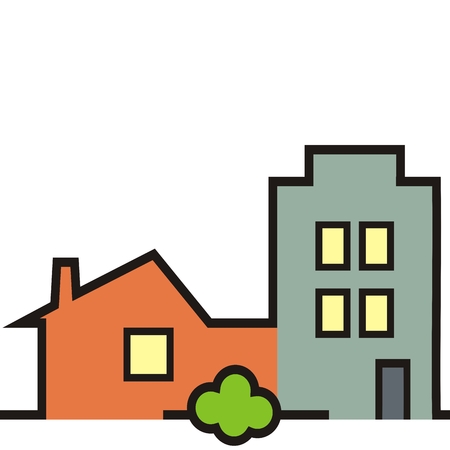 Two houses and greenery, vector illustration, isolated object. Small and hight houses and bush. Isolated object. Colored picture.のイラスト素材