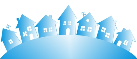 Winter village, group of houses, vector illustration. Group of houses on hill. Snowy landscape with houses.のイラスト素材