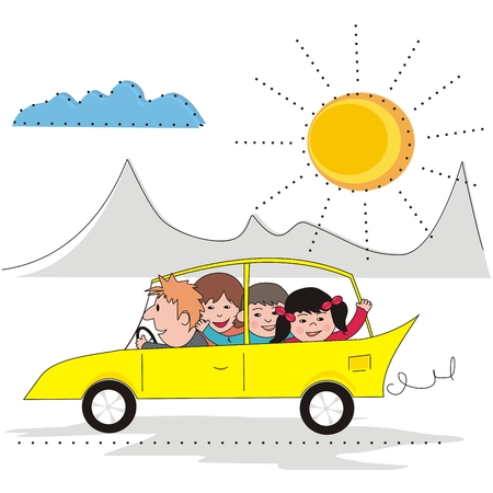 family trip, car with people, at background mountain and sun, vector illustrationのイラスト素材