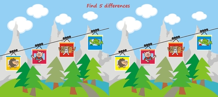 Board game for children, find five differences, animals take a cable car to the mountains, funny vector illustrationのイラスト素材